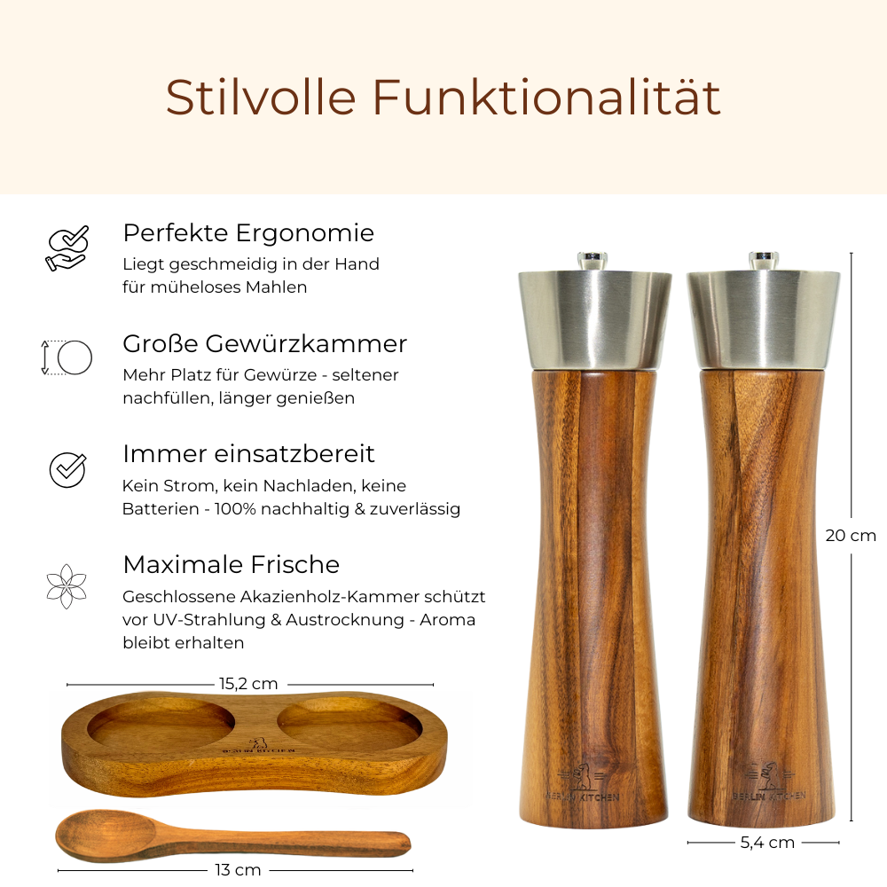 Salt'n Pepper Passion - hochwertige Salz & Pfeffermühle im Set mit GRATIS Dosierlöffel