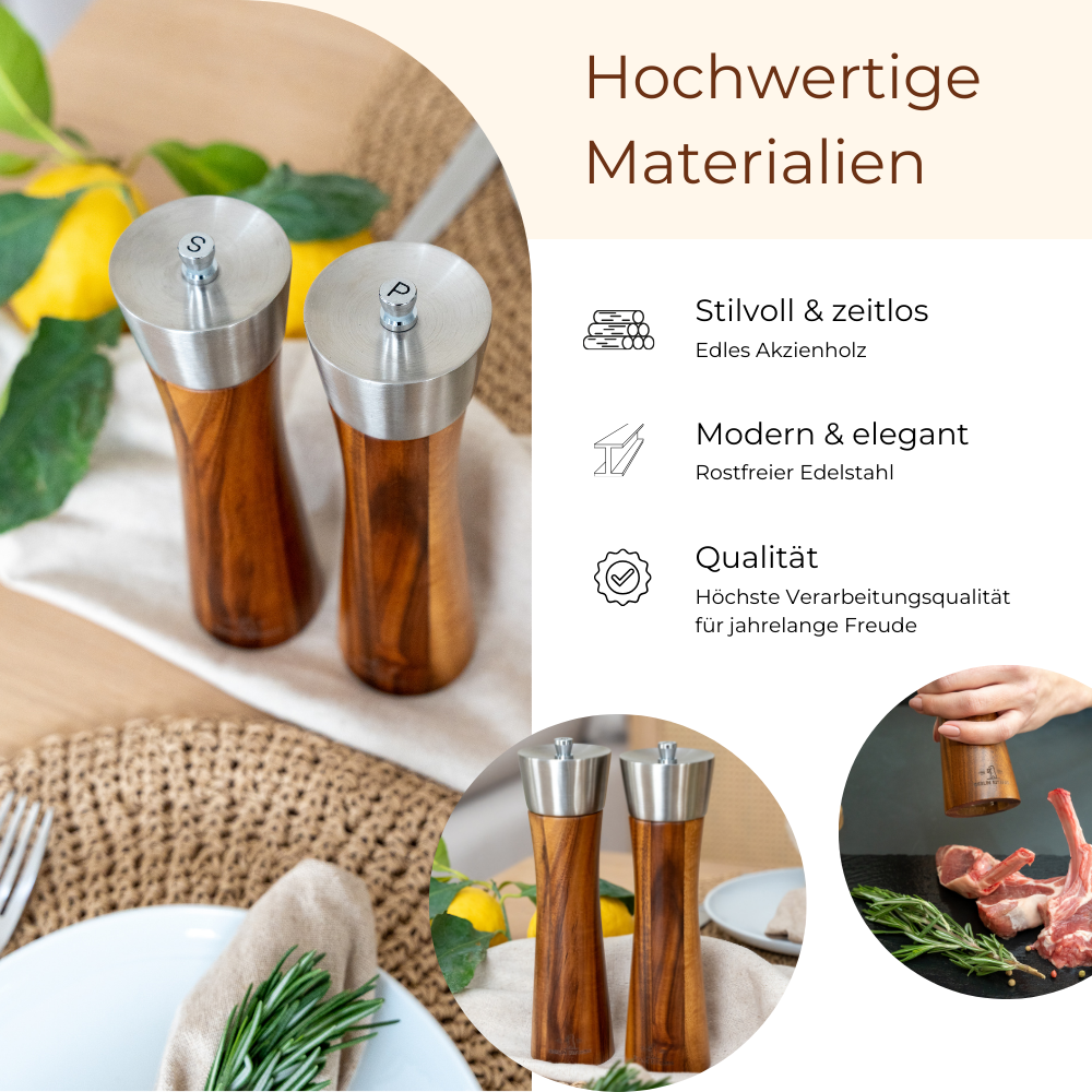 Salt'n Pepper Passion - hochwertige Salz & Pfeffermühle im Set mit GRATIS Dosierlöffel